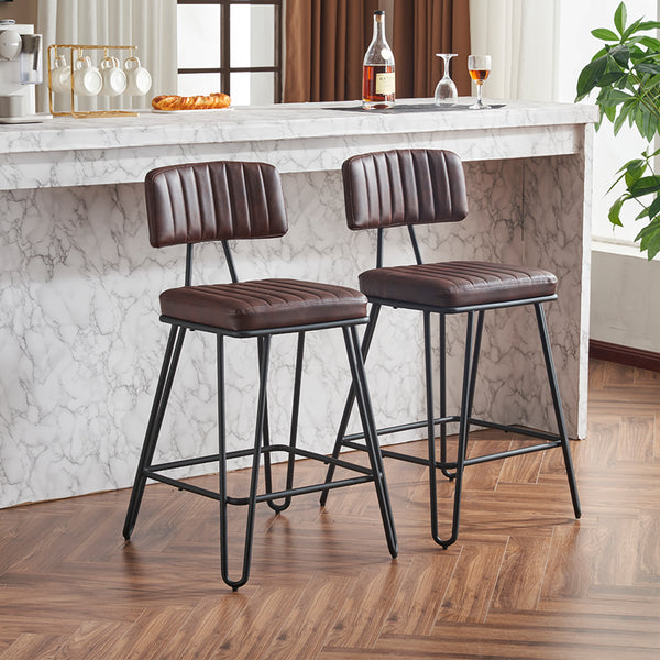 English Elm Industrial Bar Stools Set of 2 — Counter Height PU Leather Seats, Sturdy Metal Frame, Ergonomic Backrest and Footrest for Kitchen Island and Home Bar Brown W1901P264279