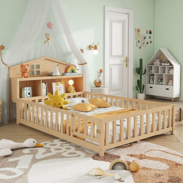 English Elm Full-size Montessori Floor Bed with Built-In Bookcase and Chalkboard, Space-Saving Solid Wood Platform for Kids Natural 56.3 L x 17.32 W x 5.31 H W1716S00014