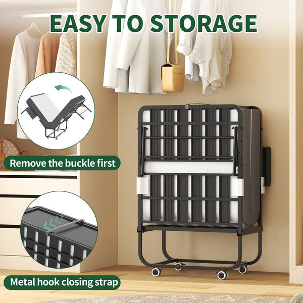 English Elm 75" Folding Bed with Adjustable Headboard, 5" Memory Foam, 450lb Capacity, Space-Saving Rollaway Twin on Wheels T2398P403867