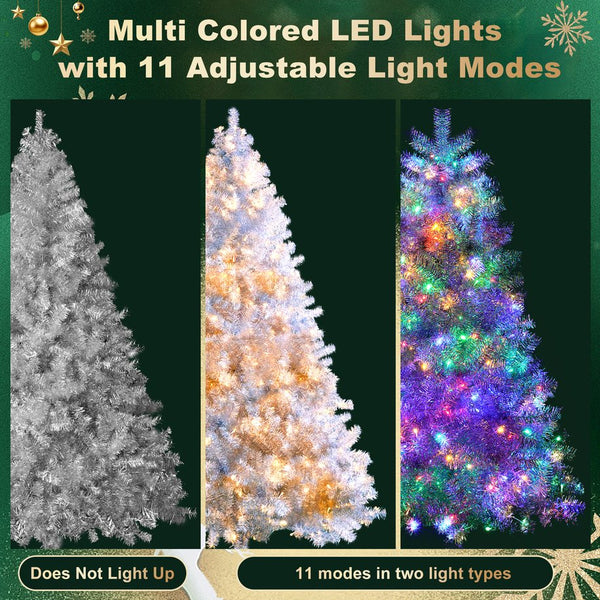English Elm 6FT Silver Pre-Lit Christmas Tree with 800 Tips, 300 LEDs, 11 Modes, Hinged Metal Stand, Indoor/Outdoor N704P199512N