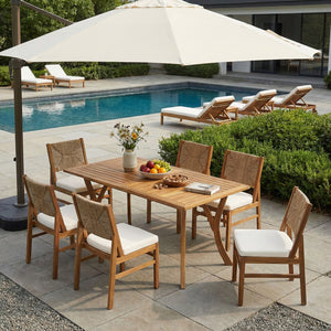 English Elm Outdoor Acacia Wood Dining Set Seats Six with Woven Wicker Back Cushioned Chairs N773OD00084B