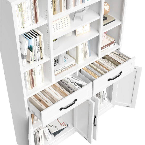 English Elm 71" Tall Metal Bookcase with Open Shelves Drawers and Cabinet Doors for Modern Office T2398S00001