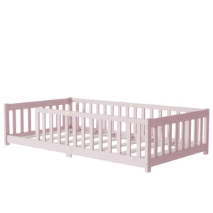 English Elm Twin Size Floor Bed With Safe Guardrails - Durable Rubberwood, Eco-Friendly Pink Design For Kids W504P286399-GIGA