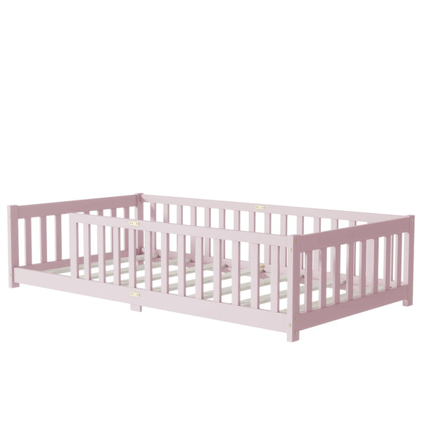 English Elm Twin Size Floor Bed With Safe Guardrails - Durable Rubberwood, Eco-Friendly Pink Design For Kids W504P286399-GIGA