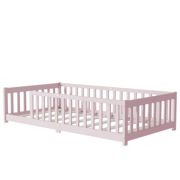 English Elm Twin Low Profile Rubberwood Floor Bed with Full Safety Fence for Toddler Rooms Pink W504P429338