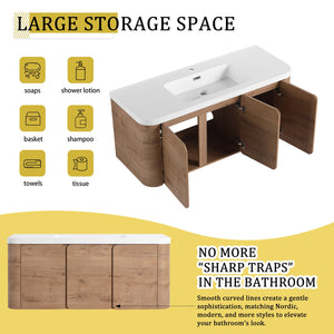 English Elm 48" Floating Bathroom Vanity Dual Ceramic Vessel Sinks Oak Finish Soft Close Doors W999S00507