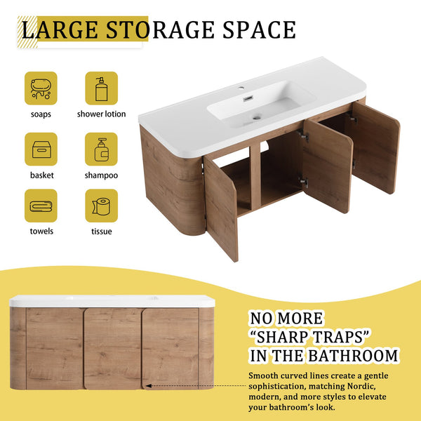 English Elm 48" Floating Bathroom Vanity Dual Ceramic Vessel Sinks Oak Finish Soft Close Doors W999S00507
