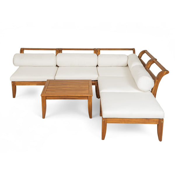 English Elm TOPMAX 6-Piece Acacia Patio Sofa Set - Modular L-Shaped Conversation Set, Convertible Daybed, Teak Beige Cushions SP100031AAA