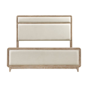 English Elm Modern Queen Bed Upholstered in Beige Chenille with Natural Wood Finish, Elegant Tailored Headboard B011S01721