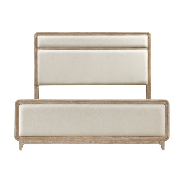 English Elm Modern Queen Bed Upholstered in Beige Chenille with Natural Wood Finish, Elegant Tailored Headboard B011S01721