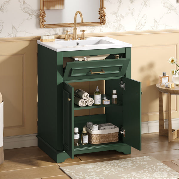 English Elm 24" Matte Single Sink Vanity Solid Poplar Frame Gold Hardware Soft Close Cabinet Green N710P389449F