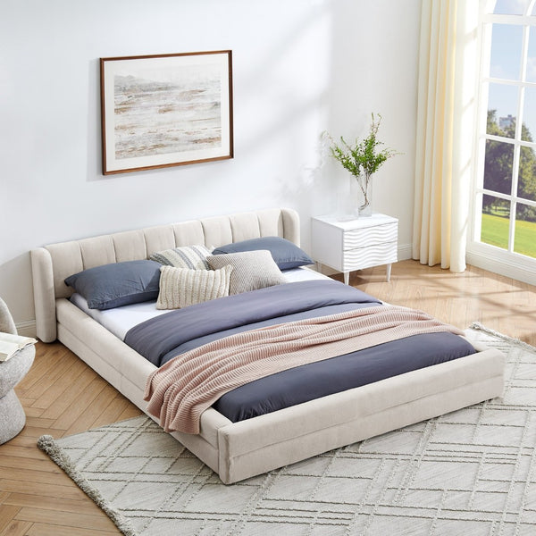 English Elm Queen Upholstered Bed Frame In Chic Beige Chenille - Solid Platform Design With Integrated Headboard W487S00326-GIGA