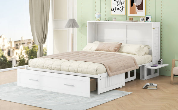 English Elm Queen Mobile Murphy Bed with Drawers & Side Shelves, White Fold-Up Queen Wall Bed for Guests SM000317AAK
