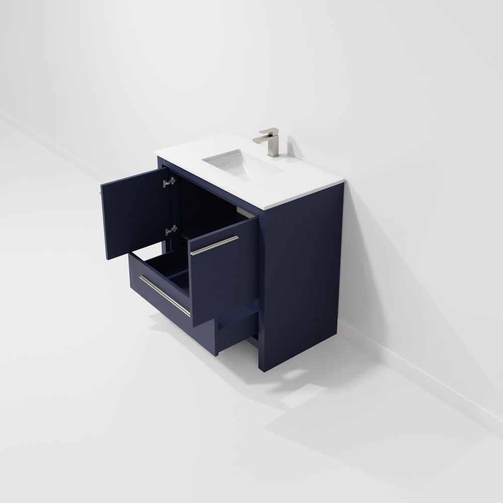 English Elm Navy Blue Bath Vanity With Cultured Marble Top, Gun Metal Faucet & Soft-Close Storage Solutions B2731P259352