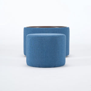 English Elm Ball Cast Round Nesting Ottoman Set Linen Upholstered Hidden Storage with Wooden Tray Blue W3163P379374