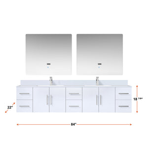 English Elm Glossy White Double Bath Vanity 84" W x 22" D with Cultured Marble Top, Chrome Faucet & 36" LED Mirrors B2731S01108