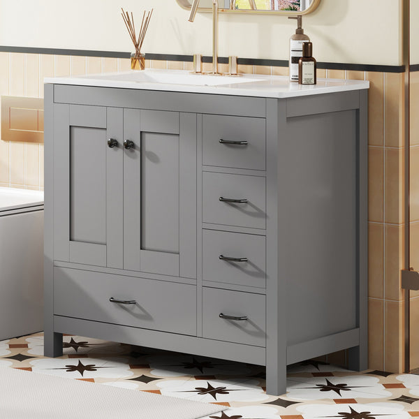English Elm 36" Gray Bathroom Vanity with Ceramic Sink, 5 Drawers & Soft-Close Doors, Solid Wood Modern Storage N729P183735E