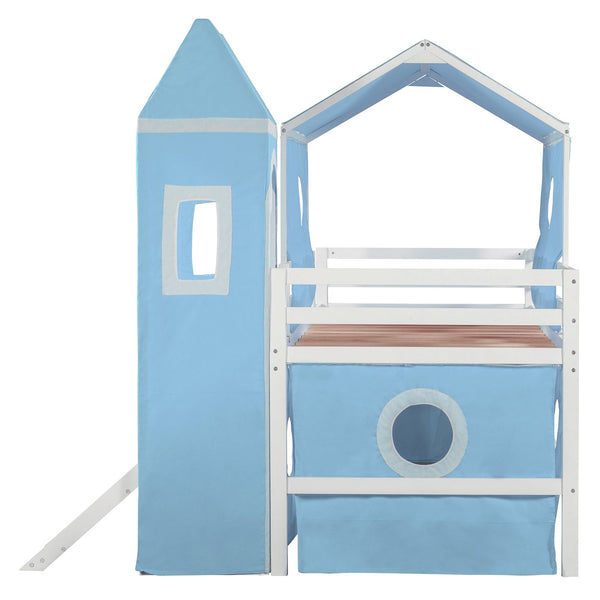 English Elm Twin Castle Loft Bed with Slide Tent and Tower Pinewood Playhouse Frame for Kids N708P249475C