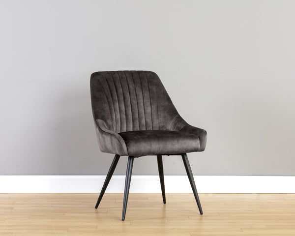 Sunpan Chardon Dining Chair - Glamorous Channel Tufting In Stylish Nono Petrol Fabric With Black Iron Legs Brown Fabric 111968
