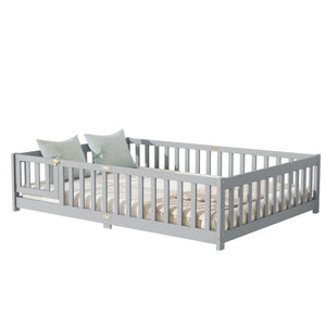 English Elm Full Size Rubberwood Floor Bed with Safety Guardrails and Latching Door for Toddlers Grey W504P429296