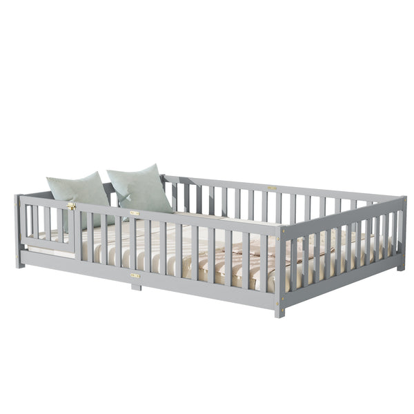 English Elm Full Size Rubberwood Floor Bed with Safety Guardrails and Latching Door for Toddlers Grey W504P429296