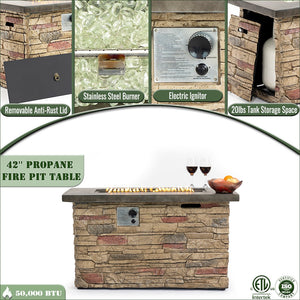 English Elm 42" Propane Fire Pit Table 50,000 BTU Rectangular MgO Top Hidden Tank Cover Glass Beads, ETL Reviewed W853P293858