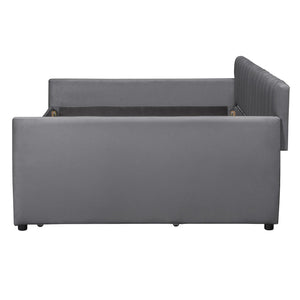 English Elm Full Size Velvet Upholstered Daybed with Pull Out Trundle and Wood Slat Support Gray LP100121AAE