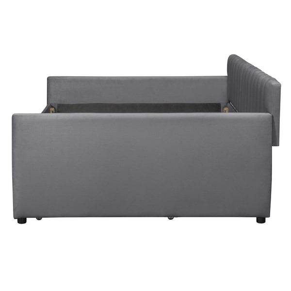 English Elm Full Size Velvet Upholstered Daybed with Pull Out Trundle and Wood Slat Support Gray LP100121AAE