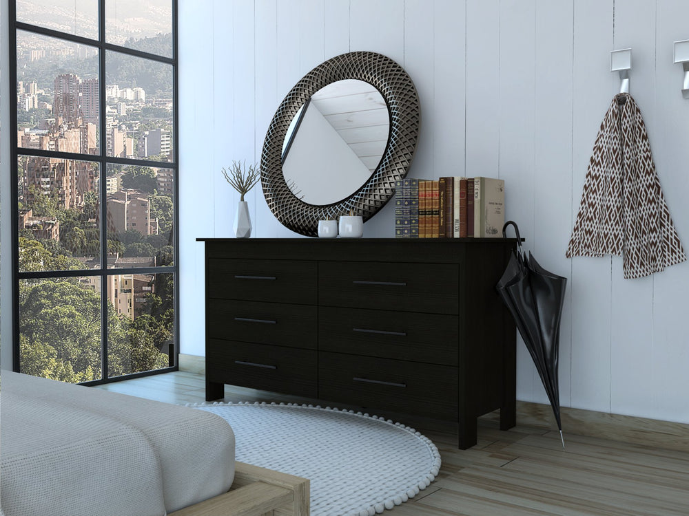 English Elm Paris Six Drawer Double Dresser Black Wengue Finish Mid-century Bedroom Storage B097S00241