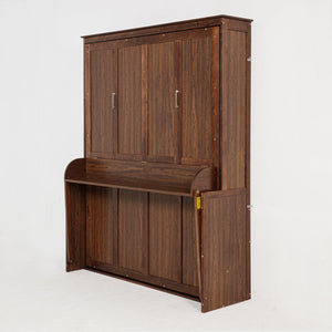English Elm Queen Murphy Wall Bed with Integrated Desk Gas Strut Lift White Cabinet for Small Spaces Walnut W504S00226