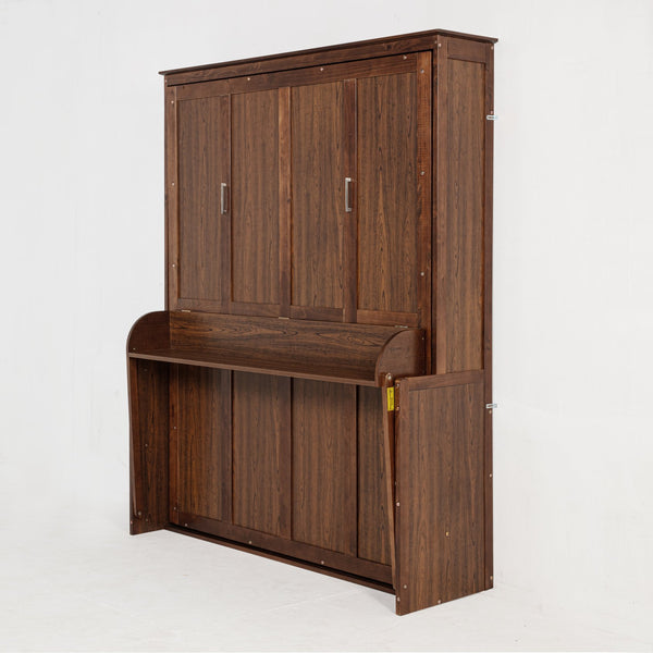 English Elm Queen Murphy Wall Bed with Integrated Desk Gas Strut Lift White Cabinet for Small Spaces Walnut W504S00226