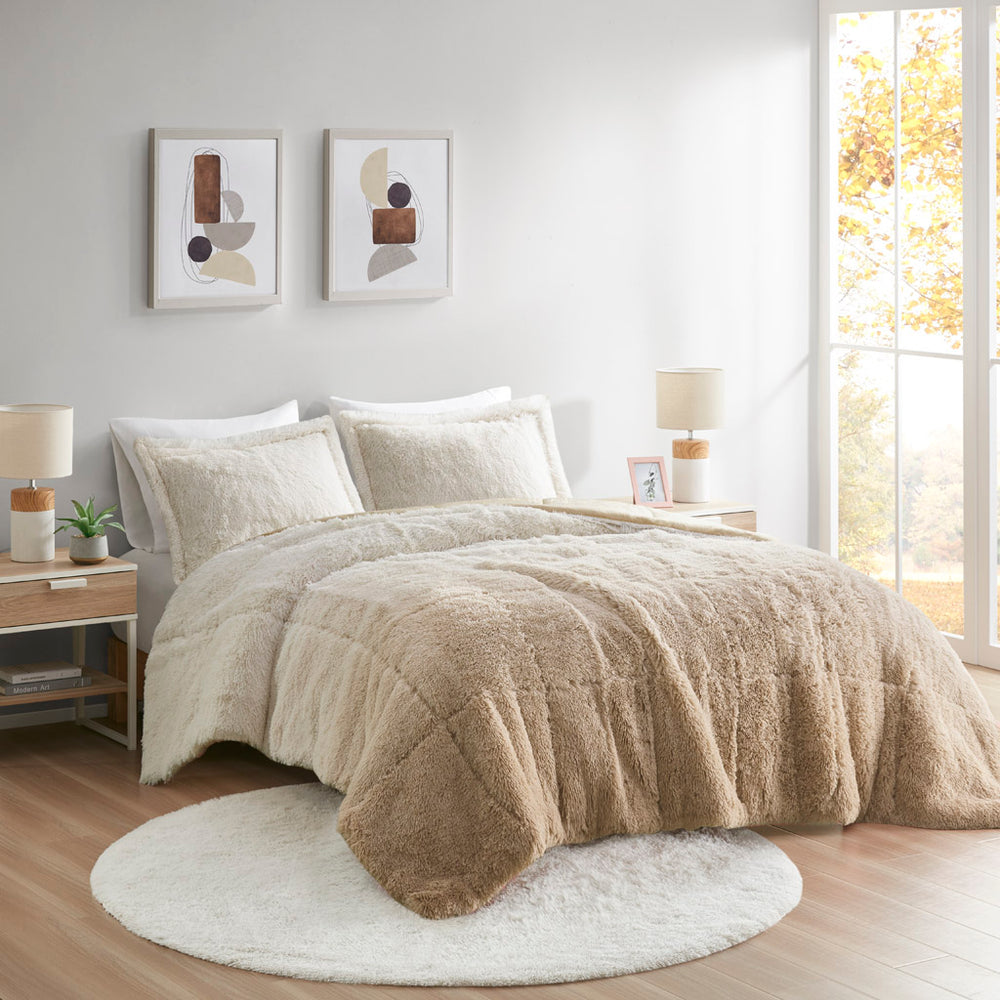 JLA Home Intelligent Design - Ombre Plush Shaggy Faux Fur Comforter Mini Set — Luxe ombre texture, hypoallergenic, machine-washable cozy layering Natural ID10-2254