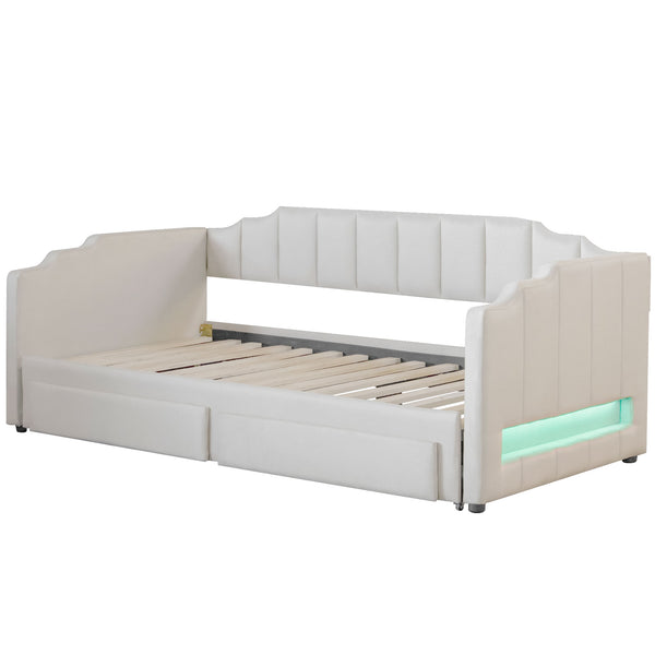 English Elm Twin Extendable Upholstered Daybed with Two Storage Drawers, LED Light, Slat Kit Included for Guests Beige N7500002061A
