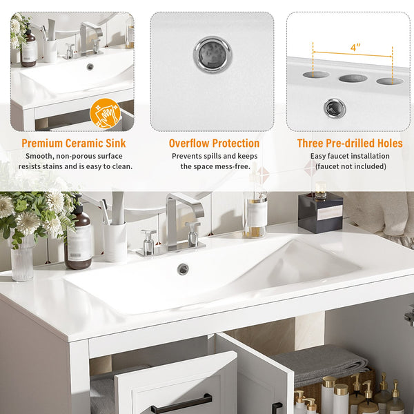 English Elm 36" Modern Bathroom Vanity with Ceramic Sink, Soft-Close Doors, 3 Drawers & Ample Storage for Small Baths White N729P280194K