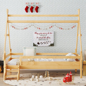 English Elm Twin House Shaped Platform Bed Solid Pine Frame with Built in Stairs for Kids W1580P354719