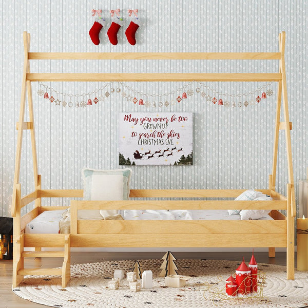 English Elm Twin House Shaped Platform Bed Solid Pine Frame with Built in Stairs for Kids W1580P354719