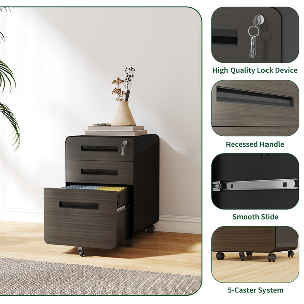 English Elm 3-Drawer Mobile File Cabinet With Lock | Durable All-Steel Storage On Casters For Home & Office Use T2398P391279