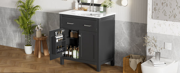 English Elm 30" Modern Bathroom Vanity with Ceramic Sink and Soft-Close Doors, Solid Wood MDF Build, Sleek Handles Black N729P263155B