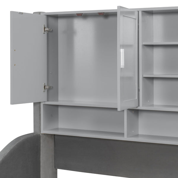 English Elm Twin Upholstered Daybed with LED Armrest Lighting, Hidden Storage Shelves & Lift-Up Pull-Out Trundle Gray SF000198AAE