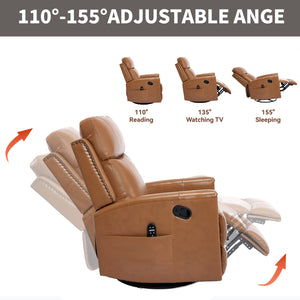 English Elm Orange Genuine Leather Massage Rocking Swivel Recliner with Lumbar Heat for Living Room W1803P323715