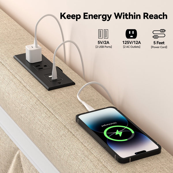 English Elm Queen Bed Frame With Headboard - Upholstered Platform Design, Led Lights, Charging Station & Easy Setup T3825P365854-GIGA