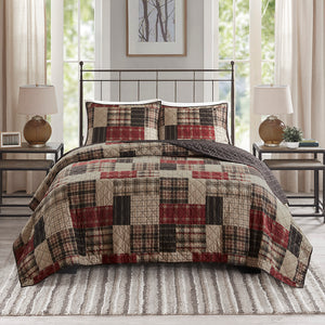 JLA Home Madison Park - 3 Piece Reversible Printed Quilt Set Cabin-Inspired Red & Black Patchwork to Windowpane Reversible Elegance 94 L x 104 W x 0.25H MP13-8471