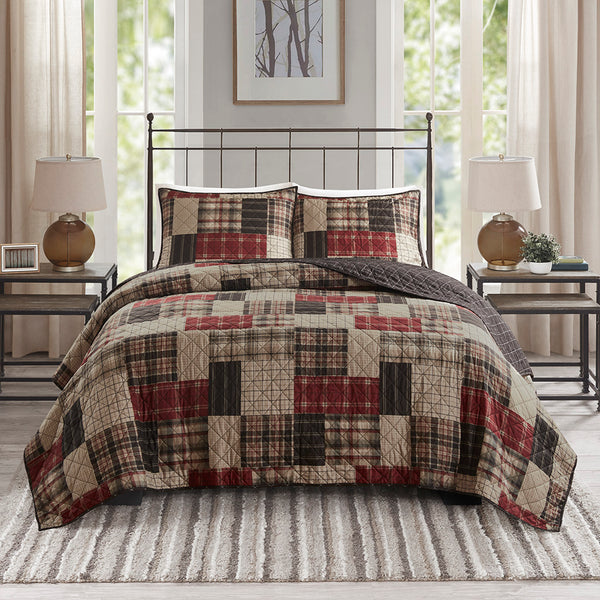 JLA Home Madison Park - 3 Piece Reversible Printed Quilt Set Cabin-Inspired Red & Black Patchwork to Windowpane Reversible Elegance 94 L x 104 W x 0.25H MP13-8471