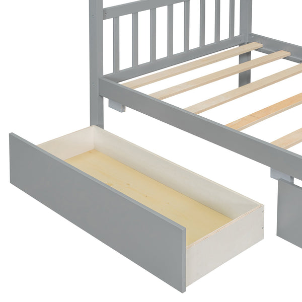 English Elm Twin House Bed Solid Pine Kids Cottage Frame with Storage Drawers Imaginative Room Gray N708P309245E