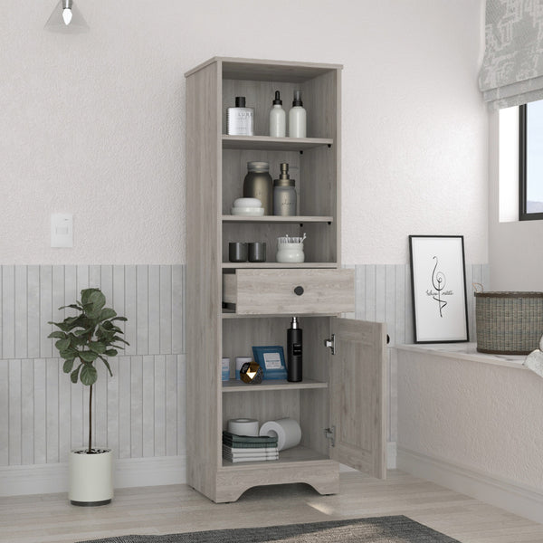 English Elm St. Clair Grey Linen Cabinet with Drawer & 3 Open Shelves, Engineered Wood, Compact Storage Solutions B200P188813
