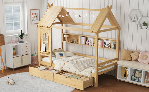 English Elm Twin House Platform Bed with Drawers & Shelves, Solid Wood Playhouse Frame for Kids, Cozy Design Natural W1580S00266
