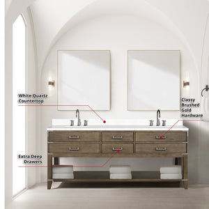 English Elm Grey Oak Double Bath Vanity With White Quartz Top, Chrome Faucet Set & 2 Matching 36" Mirrors B2731S01912