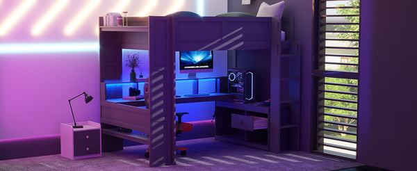 English Elm Wood Full Size Loft Bed with Built-in Desk Led Lighting and Charging Station SM000374AAE-1