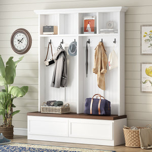 English Elm Rattan Door Hall Tree Bench with 6 Hooks Farmhouse Entryway Storage White+Walnut N721S000076K