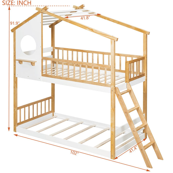 English Elm Twin Over Playhouse Bunk Bed Pinewood Fort Design with Roof and Safety Rails LT100008AAN-3